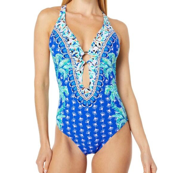 Lilly Pulizer Womens Ester Cross Back One Piece Swimsuit Size 0 Blue Floral